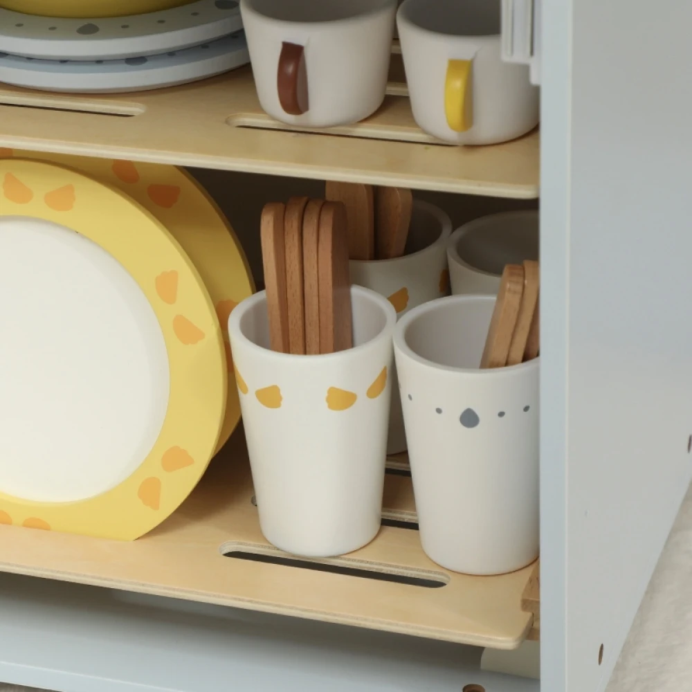 3+ Kinder Hellblaues Küchenspülbecken-Set mit Holz-Geschirrspüler & 32 Zubehörteilen (MDF-Material) – Detail 8