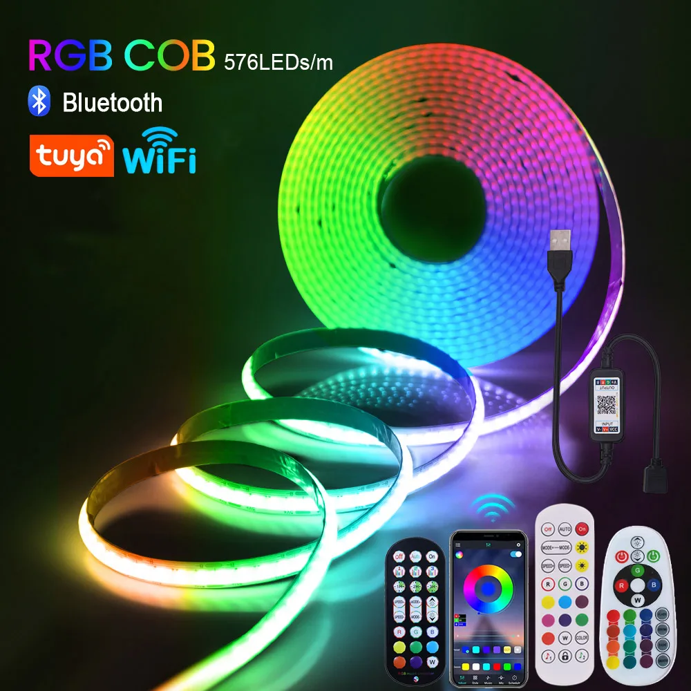 Wifi Bluetooth-compatible RGB COB LED Strip Light 5V USB Remote Control ...
