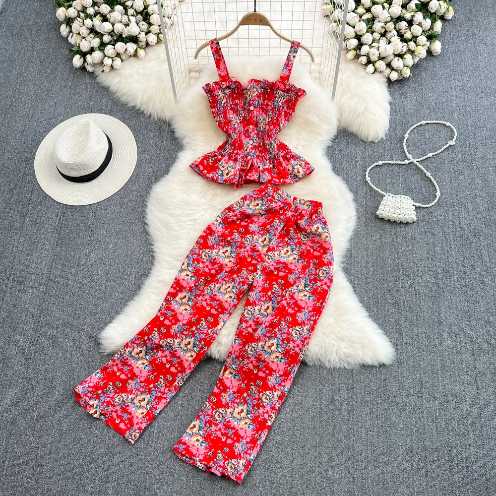 

Seaside Holiday Suit Female Floral Camisole Outside Wear Two-piece Summer High-waisted Thin Wide-leg Nine-point Pants