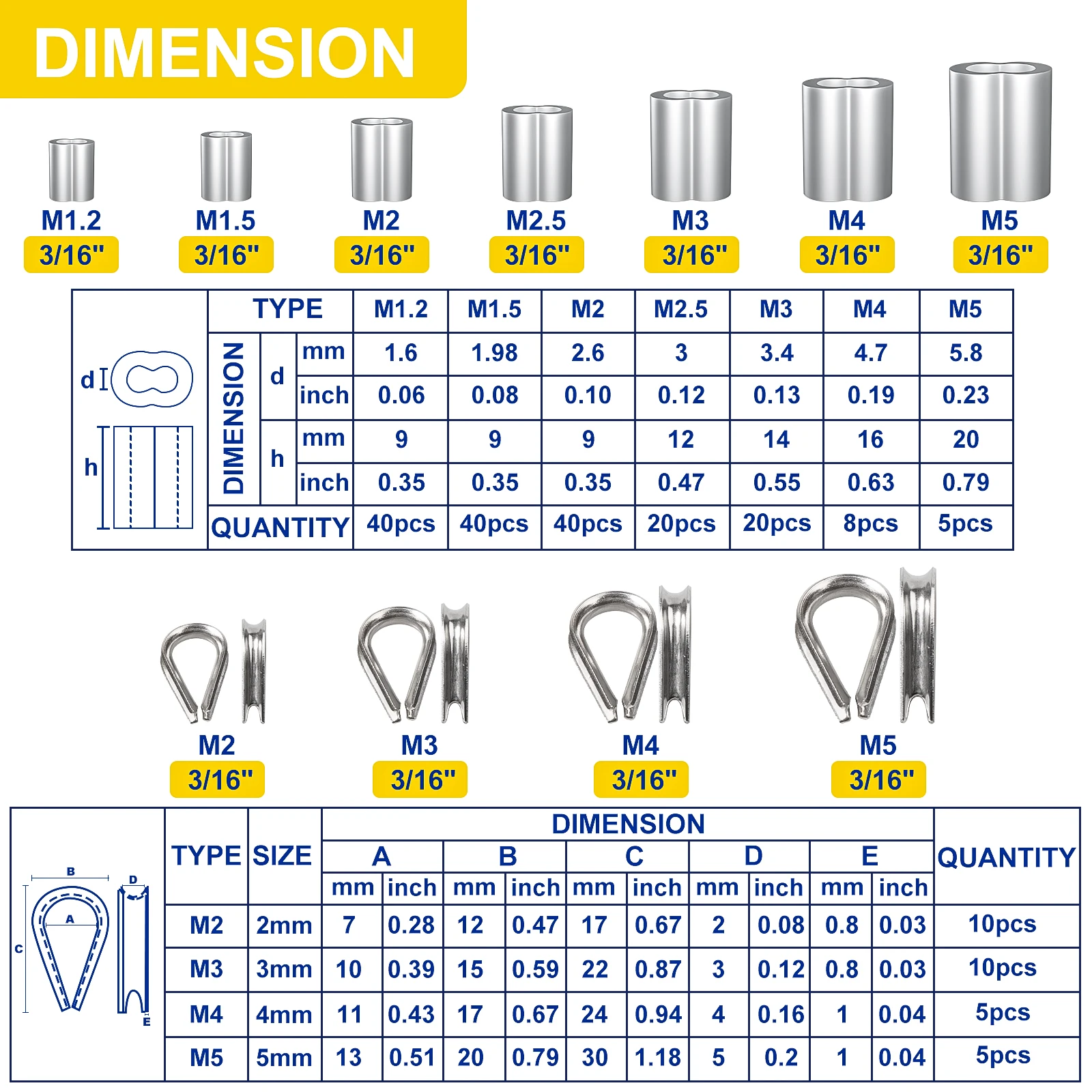 240 Pezzi Kit Ditali E Manicotti Per Fune Metallica - In Alluminio E Acciaio - Foto 5