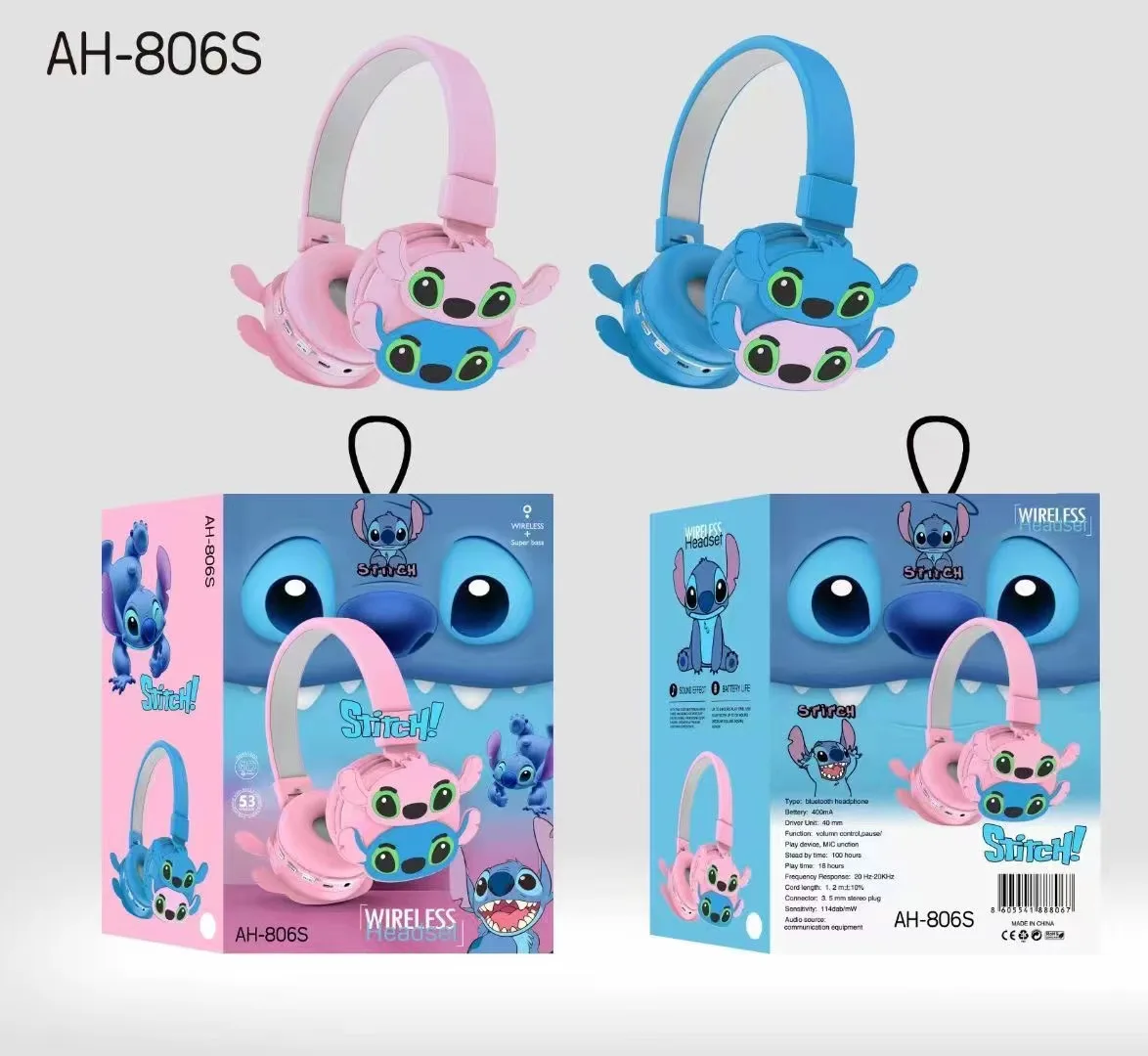 Disney Stitch Wireless Bluetooth Headphones AH-806, Foldable HIFI Stereo w/Mic, Anime Cartoon Design, Birthday Gift for Kids 6