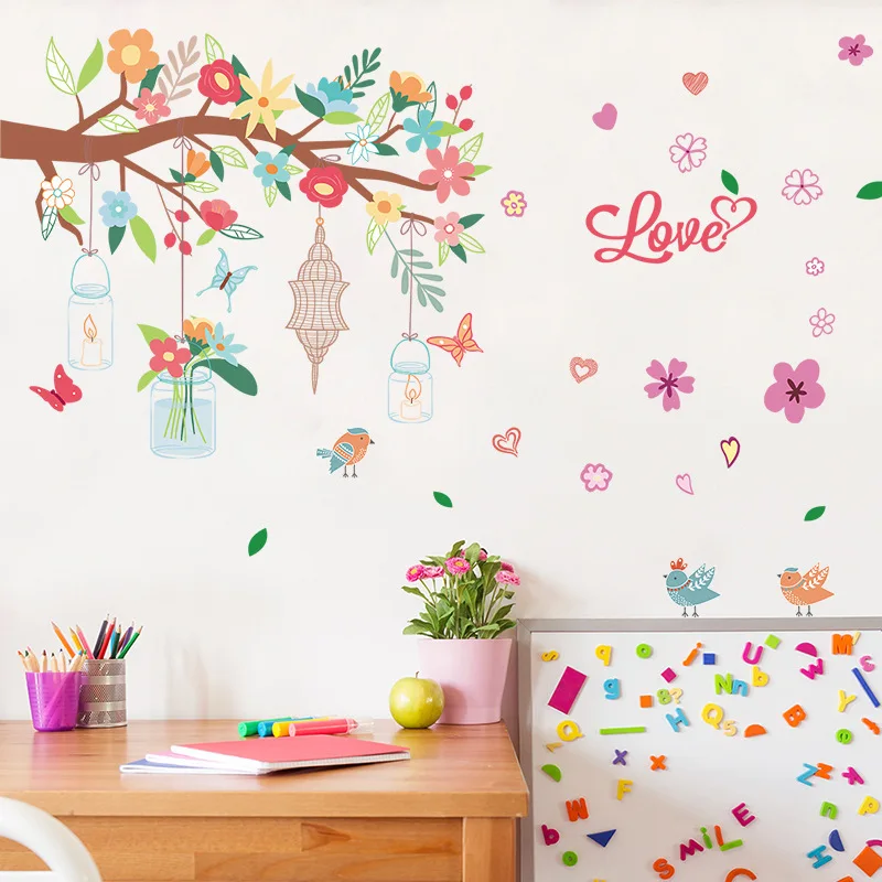 

Colorful Flower Birds Birdcage Wall Sticker Decals Wall Art For Home Living Room Bedroom TV Background Garden Window Decor