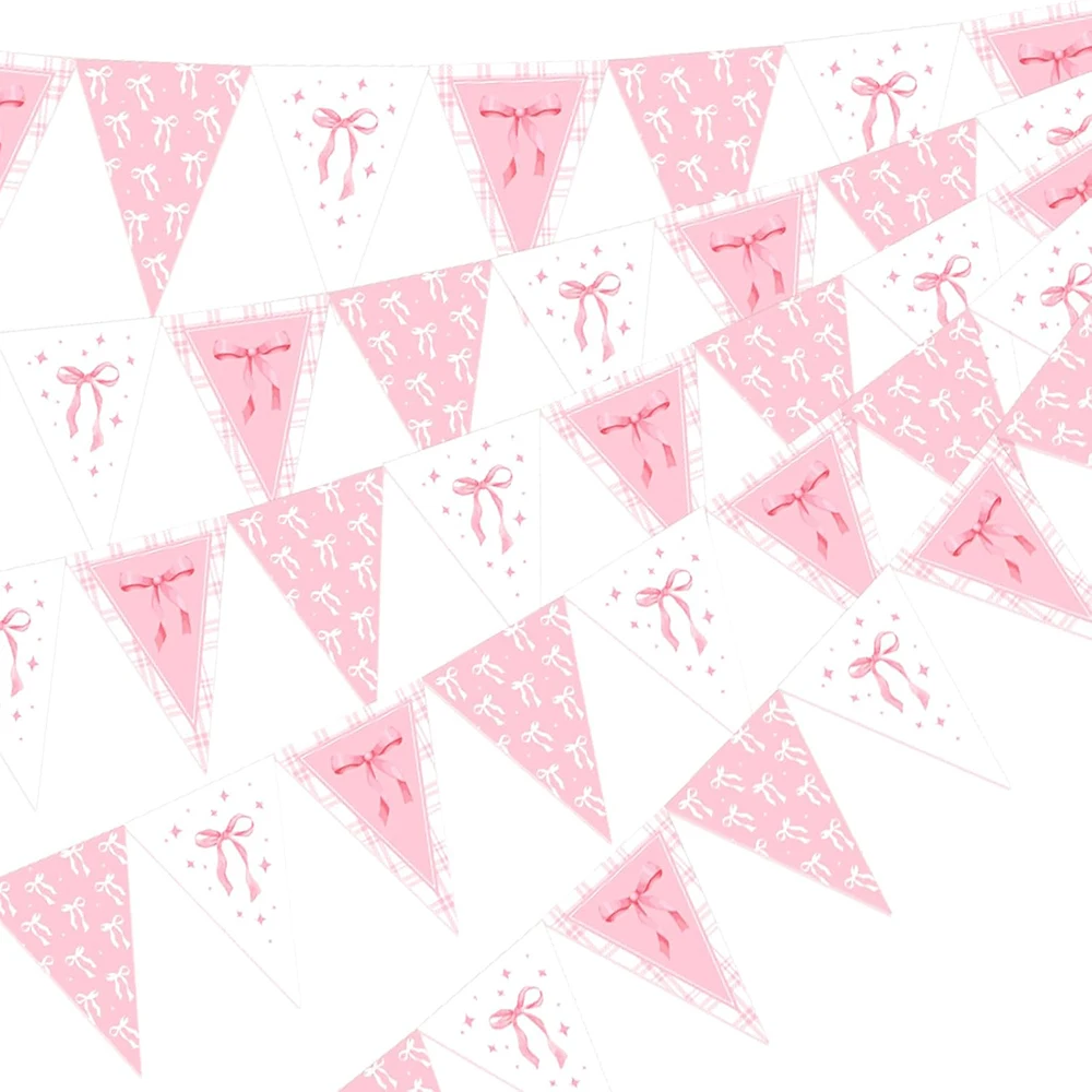 Pink Bow Party Banner Decorations - Stylish Hanging Triangle Flags for Weddings, Bridal Showers, and Birthdays