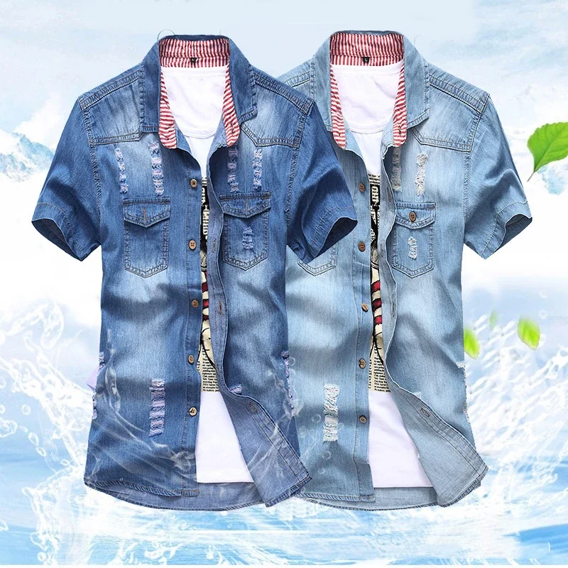 Summer Korean Men's Denim Short Sleeve Fashion Youth Slim Fit Ripped Denim Shirt Casual Thin Top