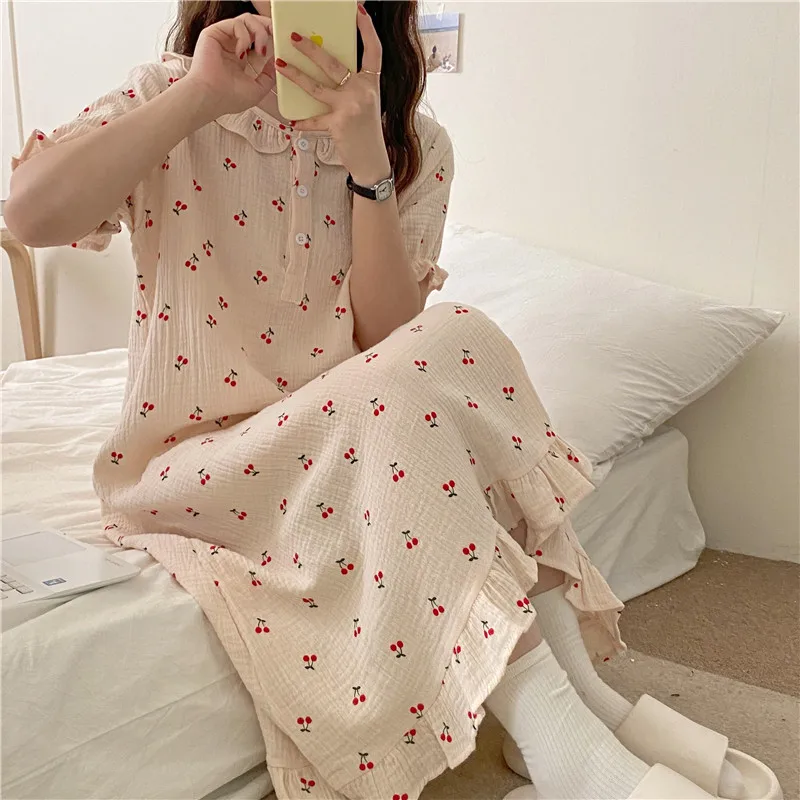 Cherry Print Summer Nightgown Women O-Neck Short Sleeve Casual Cotton Sleepwear Loose Ruffles Homewear Kawaii Korean