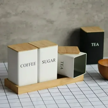 3Pcs/set Tea Box Storage Tanks Coffee Bean Storage With Bamboo Lid Metal Tea Coffee Sugar Storage Jars Tea Can Kitchen Supplies