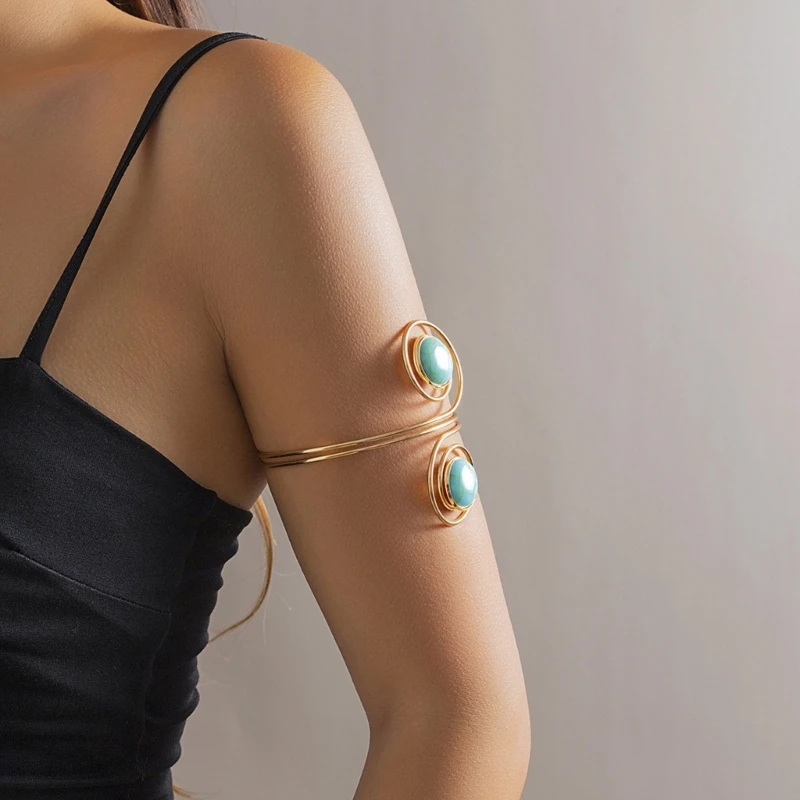 Elegant Turquoises Armband Simple Metal Turquoises Coiled Bracelet Delicate Golden Armlet Bohemia Bangle T8NB