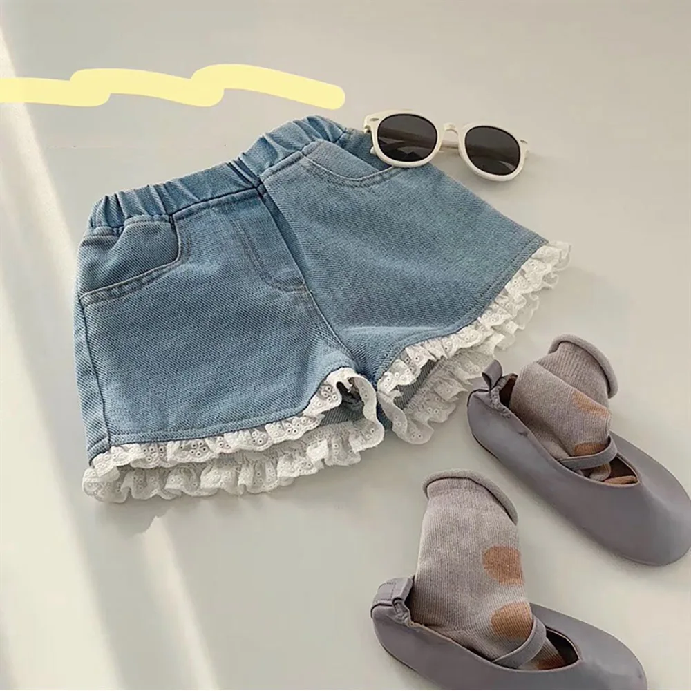 Summer Kids Girls Shorts Korean Style Patchwork Lace Denim Shorts Casual Loose Elastic Waist Ruffles Hot Pants Girl Short Jeans kids shorts
