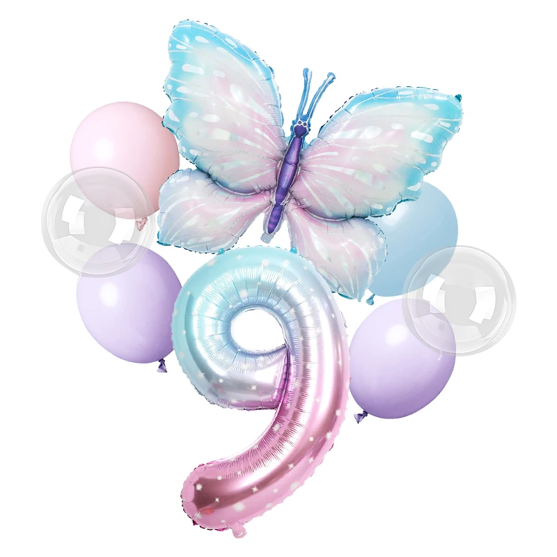 thumbnail image 1 of Decoración de fiesta de cumpleaños con mariposas, vajilla, platos de papel, vasos, fondo de mariposa morado y rosa, pancarta, regalos para bebés y niños, 1 of 5