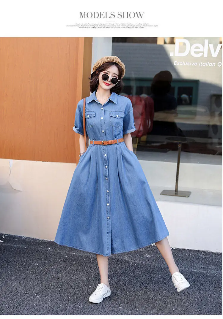 Midi Length Denim Short Sleeve Dress Elegant Casual Dresses