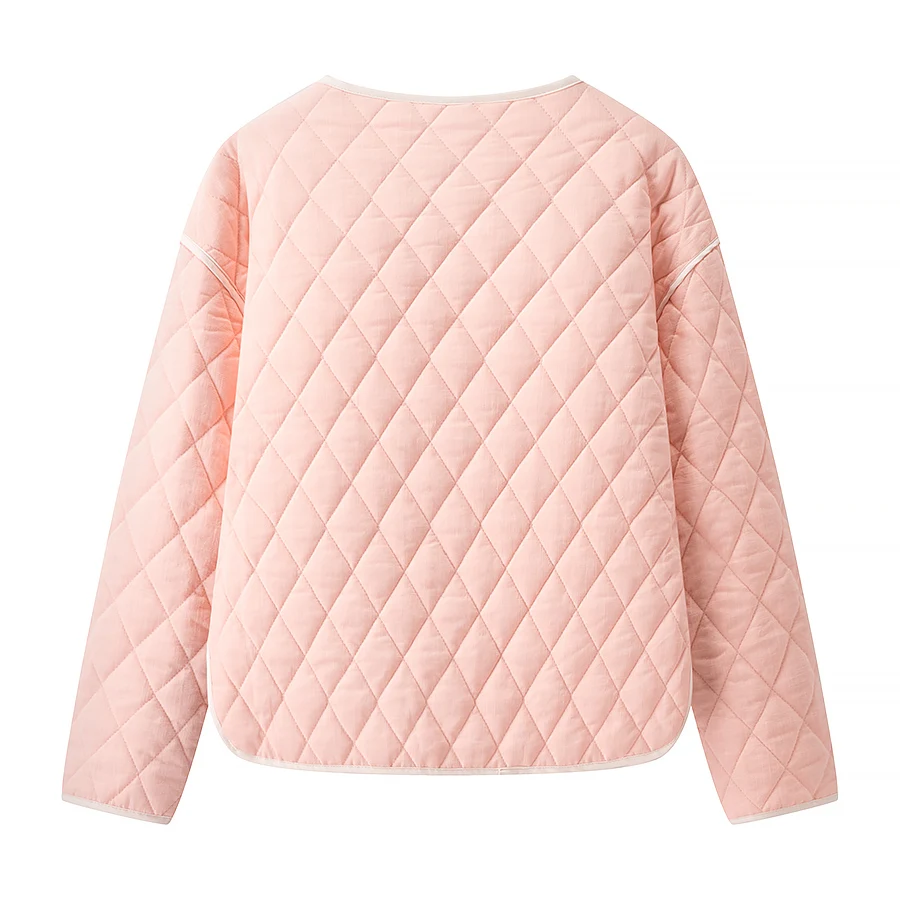 2025 Autumn Women's Casual Quilted Lightweight Jacket Fashion Round Neck Full Sleeve Button Striped Lining Loose Coat Outerwear