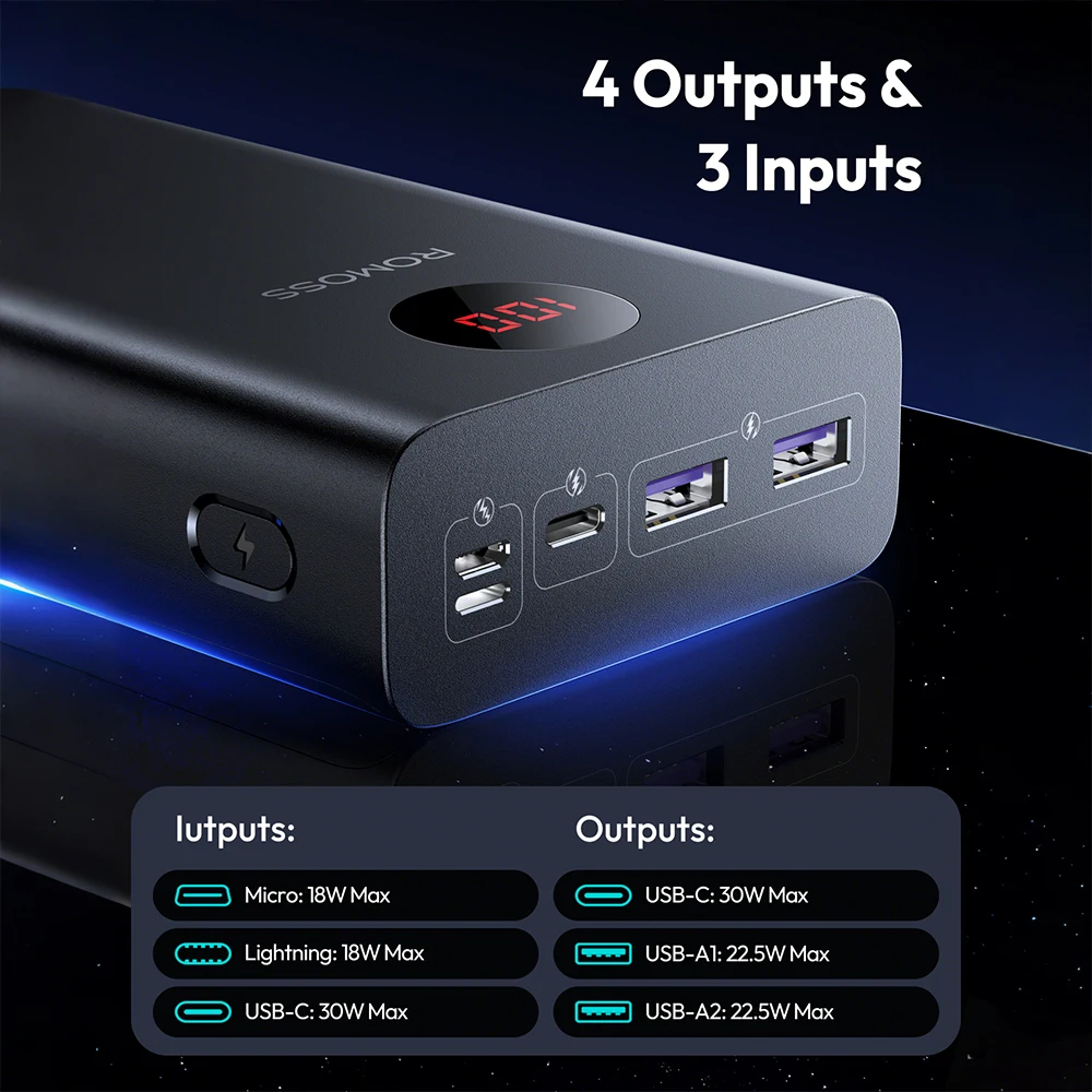 30000mah Portable Power Bank with 30w Usb-C Fast Charging Battery Powerbank Power Station for Iphone15/14/13/12 Ipad Sumsung 3