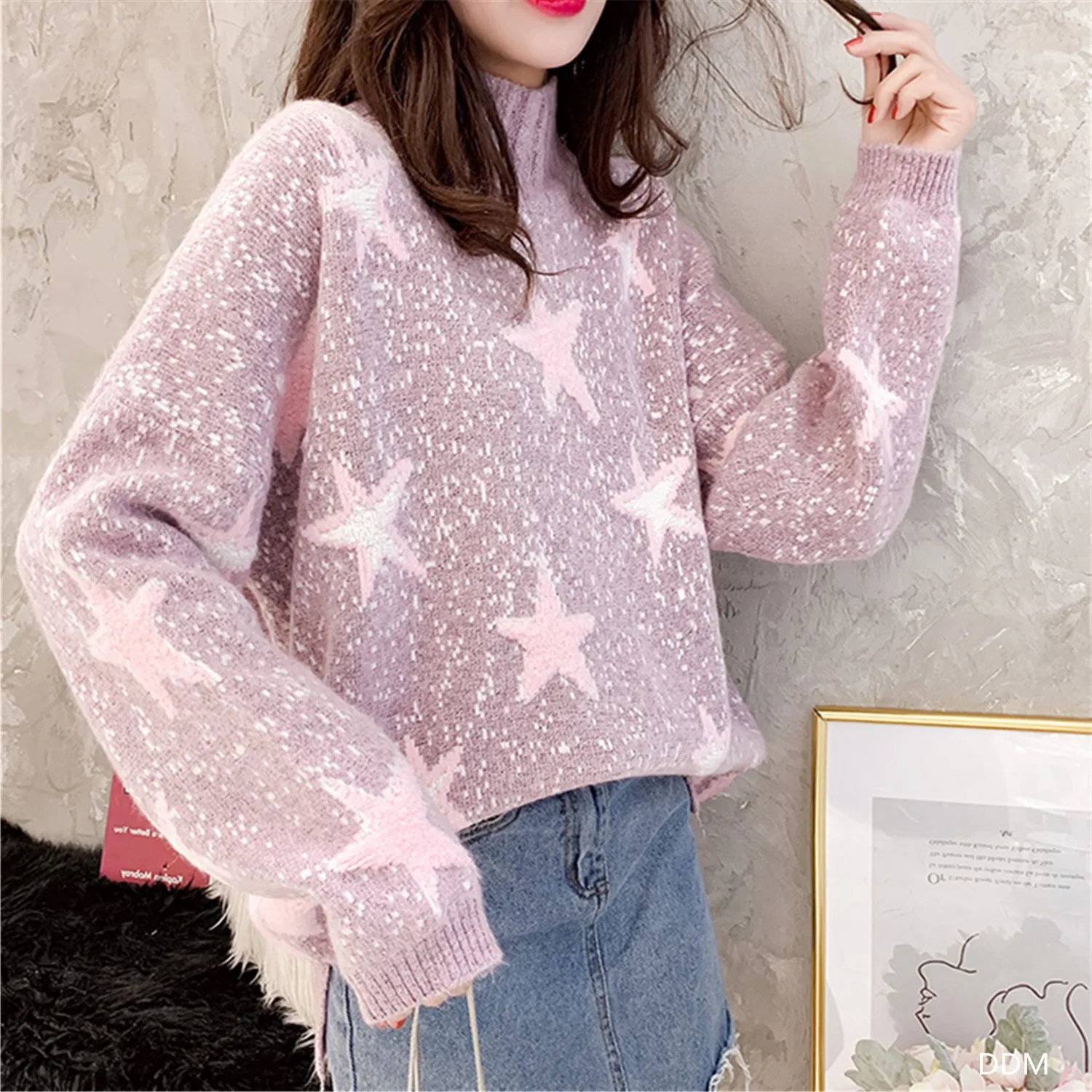 

Women's Knitted Pullover Sweaters Crew Neck Star Autumn Winter Loose Cross-border Half Turtleneck Bottoming Shirt