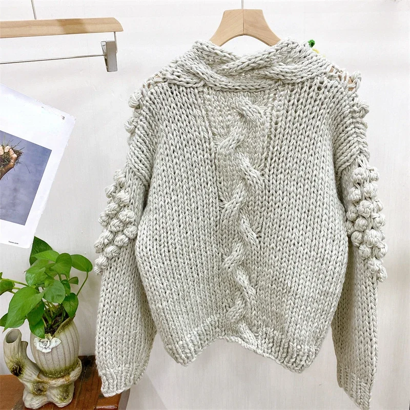 Women Hand-Knitted Cardigan with 3D Flower Design Vintage