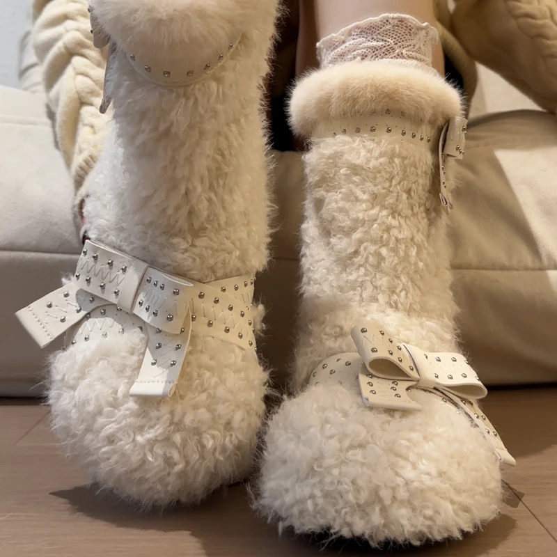 New  Snow Women Boots with Fur Platfrom  Belt Buckle Design Round Toe Mid Calf Shoes Luxury  Winter Warm Causal Boots