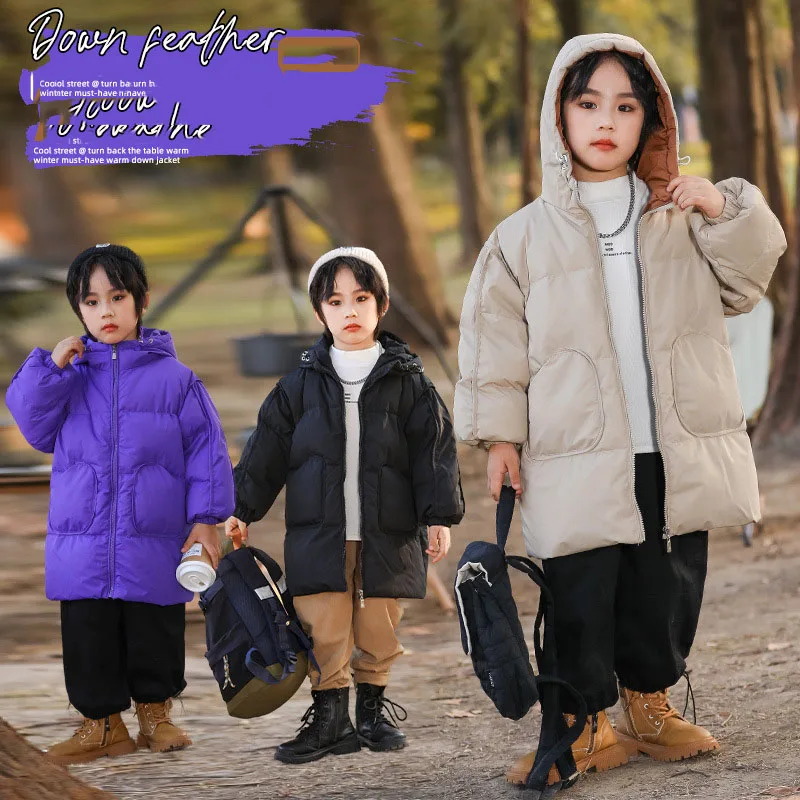 

2023 Young Kid Boy Duck Down Jacket Thicken Wind Proof Mid-length Toddler Boy Down Jacket Solid Hooded Teenager Boy Snowear Coat