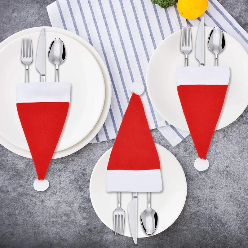 30/5pcs Christmas Santa Hat Tableware Holder Knife Fork Pocket Christmas Dinner Party Wine Bottle Covers Xmas Hats Decorations