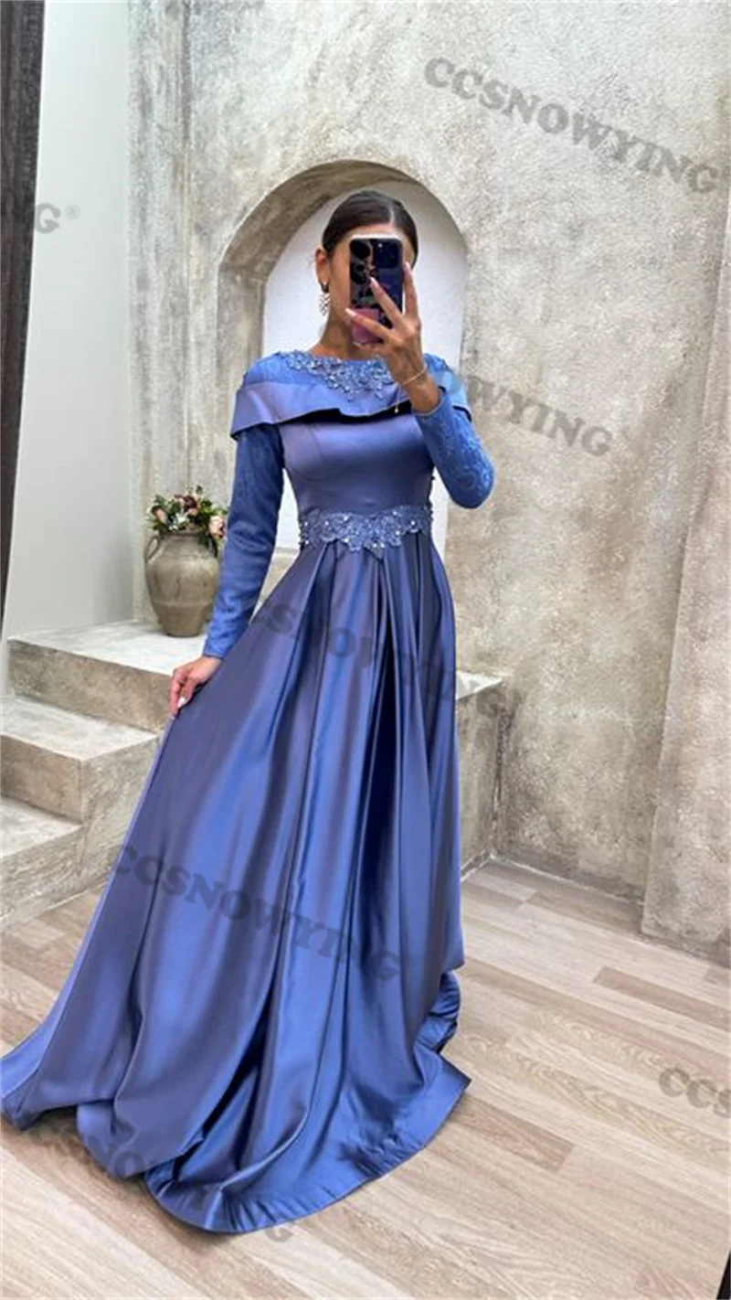 

Satin Appliques O Neck Muslim Hijab Evening Dress Islamic Long Sleeve Formal Party Gowns Arabic Dubai Women Robes De Soirée