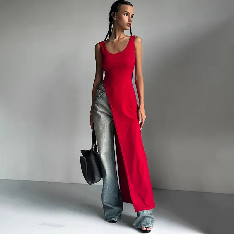 Ärmelloses Kleid mit unregelmäßigem, asymmetrischem Saum der Straßennische, Sommer-Persönlichkeitstrend für Damen, einfarbiges Slim-Fit-Oberteil – Detail 12