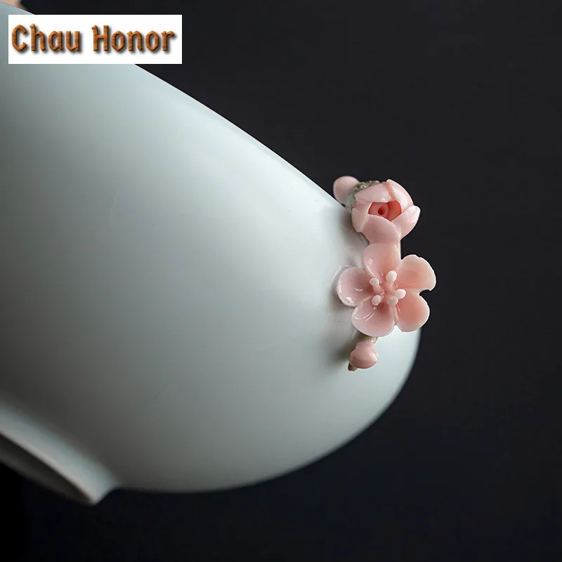 390ml Boutique Azure Ru Kiln Celadon Small Tea Wash Bowl Handmade Knead Pink Plum Blossom Ceramic Tea Garbage Can Tea Ceremony