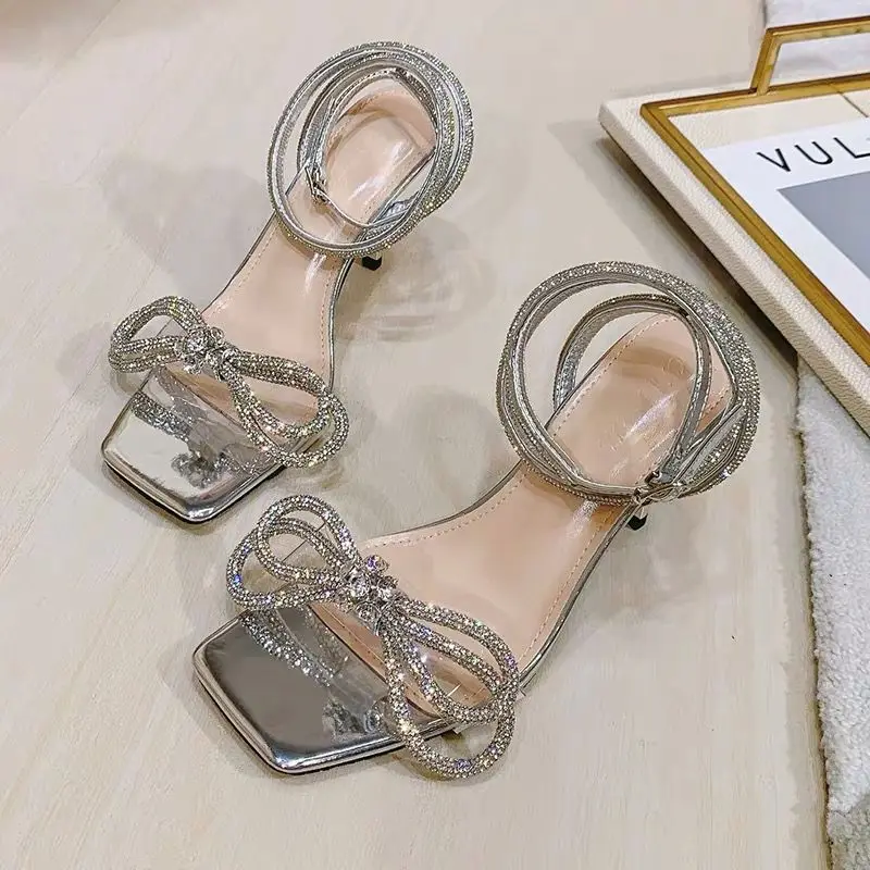 

Ankle Strap Beige Heeled Sandals Women's Low Shoes Square Toe 2024 Summer Black Low-heeled High Comfort Rhinestone Bow New Girls