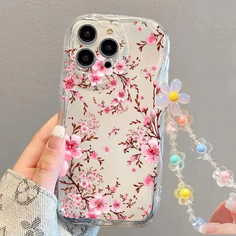 Floral Wrist Strap Clear Silicone Case with Lanyard Chain
