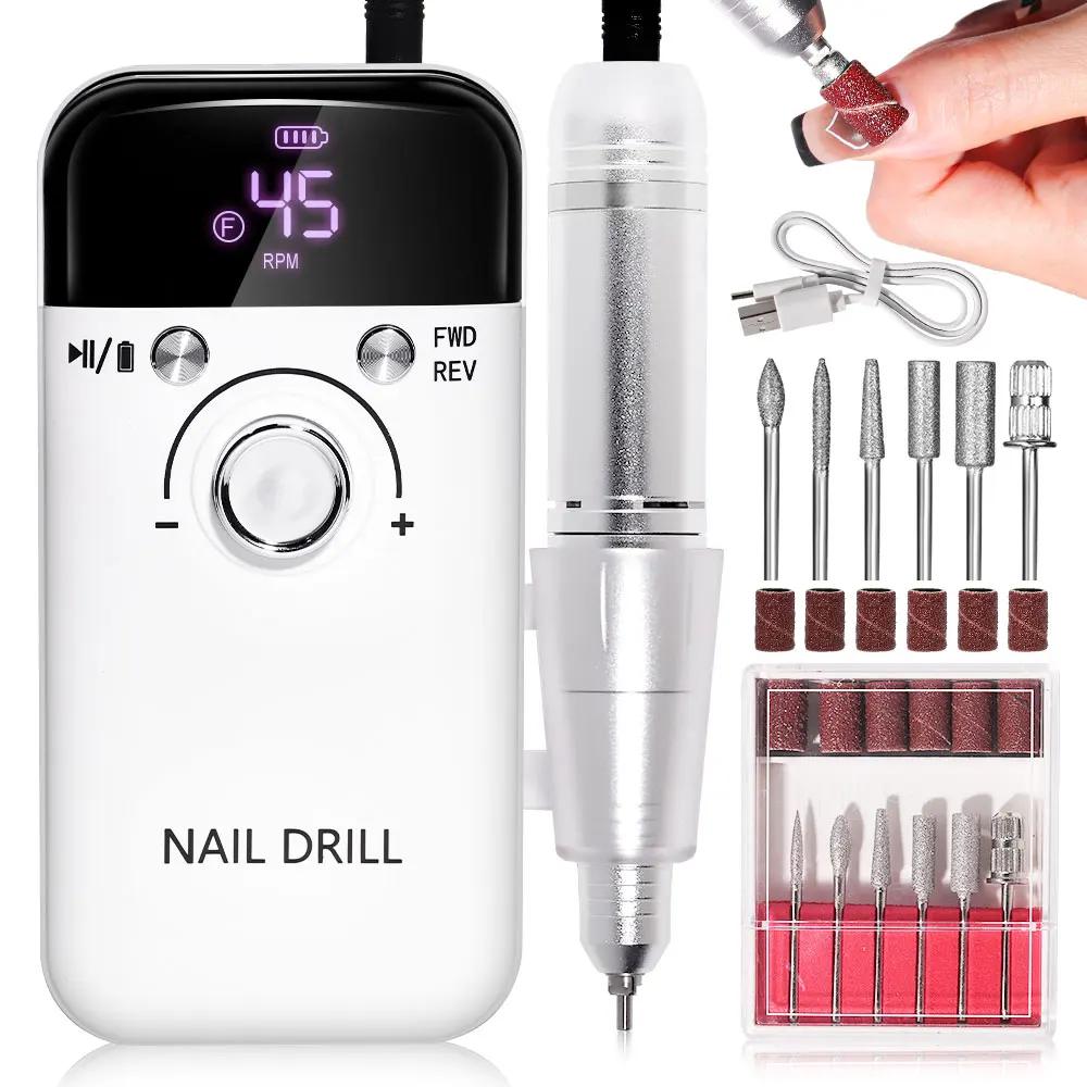Nail Drill 45000 RPM Rechargeable Nails Electric File Acrylic Gel Removing Polishing Gel Home/Salon Manicure Pedicure