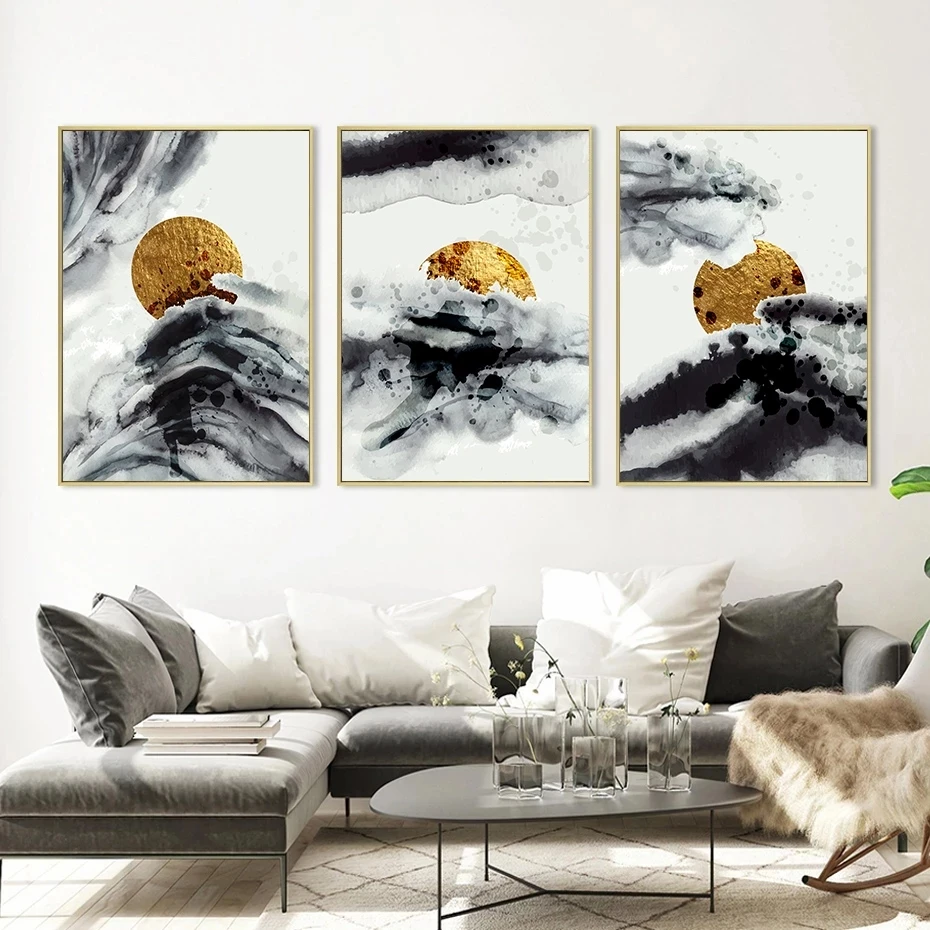 

Abstract Ink Art Landscape Golden Sun Wall Canvas Paintings Grey Mountain Cloud Print Poster Picture Living Room Home Decor