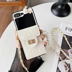 Chic Leather Phone Case with Butterfly Charm and Pearl Lanyard - Galaxy Z Flip5 (White)