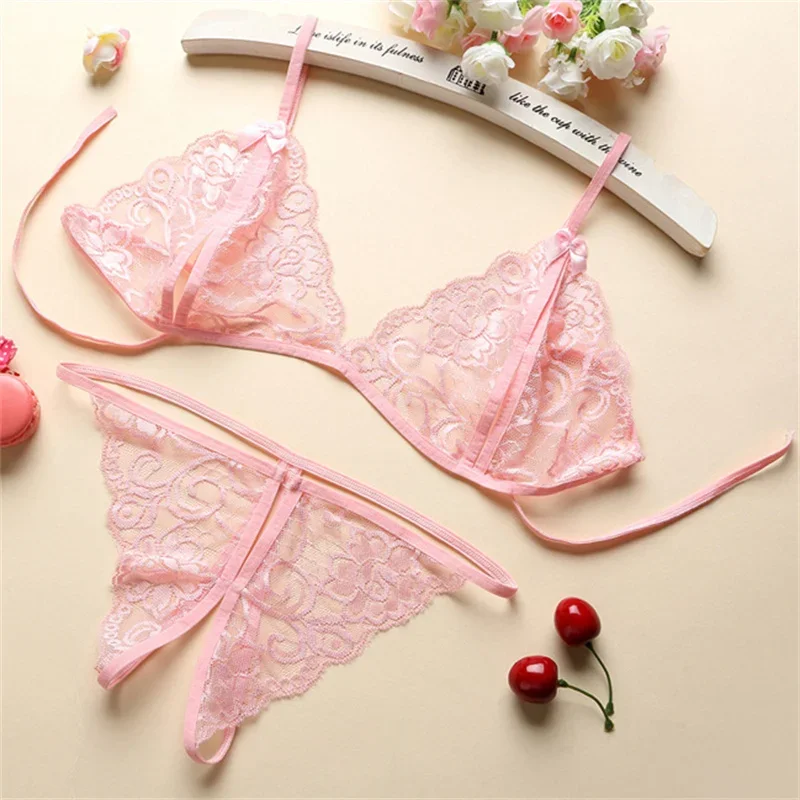 Sexy Lace-up Lingerie Set Women Hot Exotic Open Crotch Transparent Underwear G-string Bandage Bikini Three-point Set