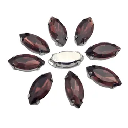 Elegant Marquise Sew-On Rhinestone Crystals with Silver Metal Base - 13x27mm 10pcs (Wine Red)