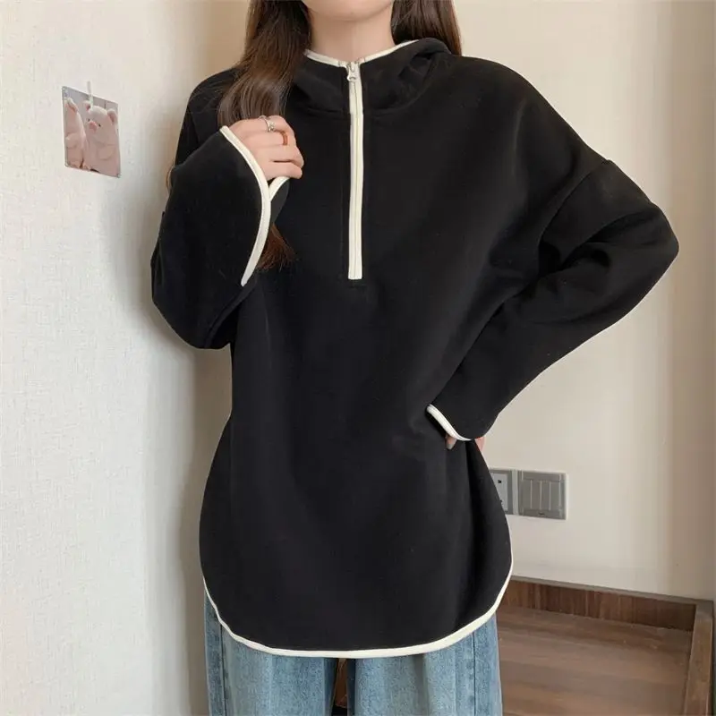 Women Trendy Simple Casual Patchwork Oversized Streetwear Half Zipper Hooded Sweatshirts Female Y2K Long Sleeve Pullover Hoodies