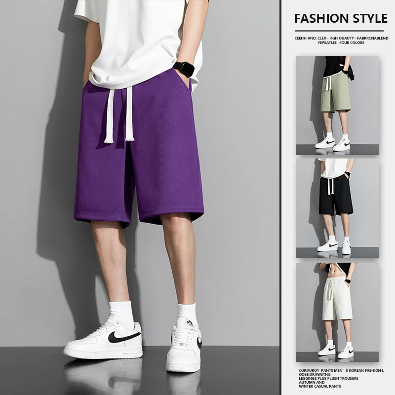 Summer Men's New Stylish Shorts Drawstring Sports Youthful Vitality Solid Color Pockets Loose Daily Casual Wide Leg Knee Pants