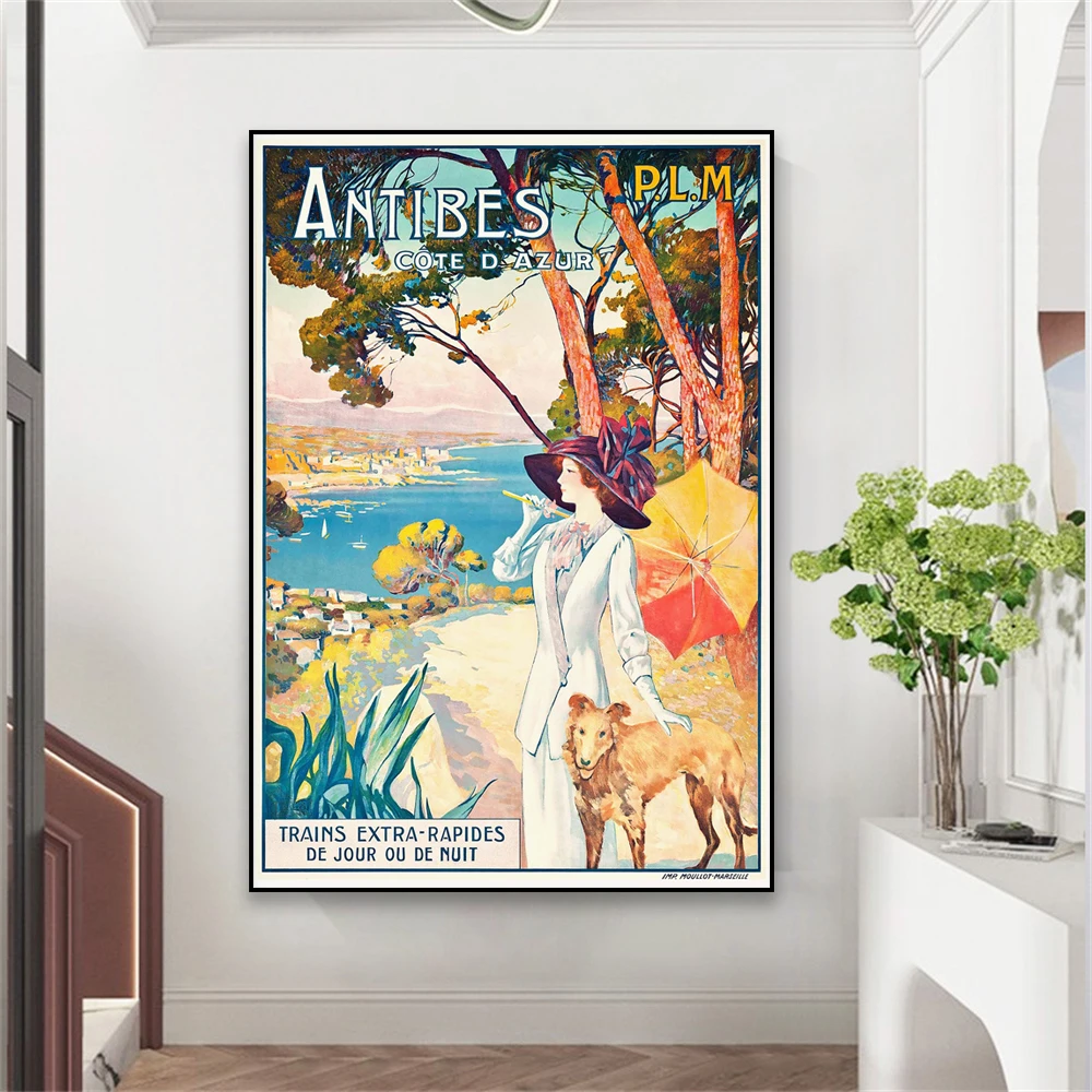 

Vintage Travel Poster Antibes Retro Lady Nature Landscape Wall Art Prints French Canvas Painting for Office Home Room Decor