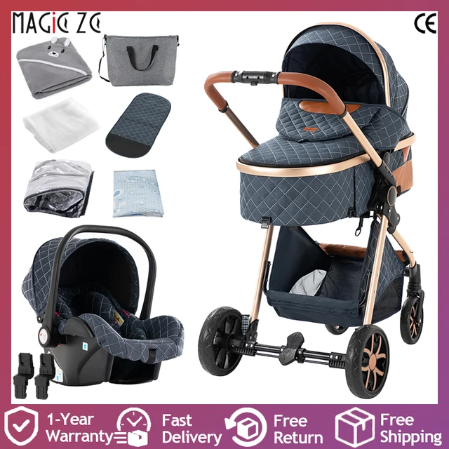 Landau, poussette et poussette 3 en 1 de luxe avec nacelle amovible, roues lisses et inclinaison multi-angles 1