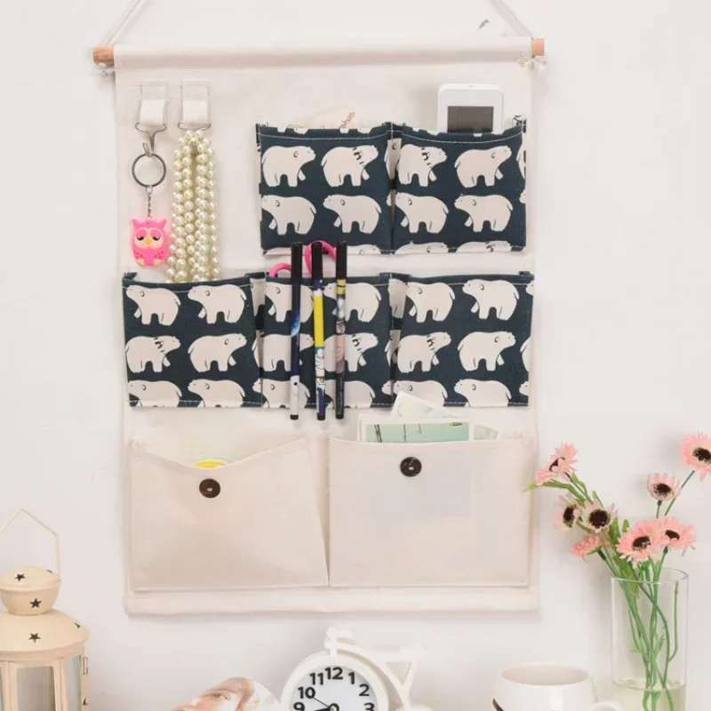 Home Cotton Linen Storage Hanging Bag Dormitory Mobile Phone Storage Door Back Fabric Wall Hanging Storage Bag Bathroom Hanging 5