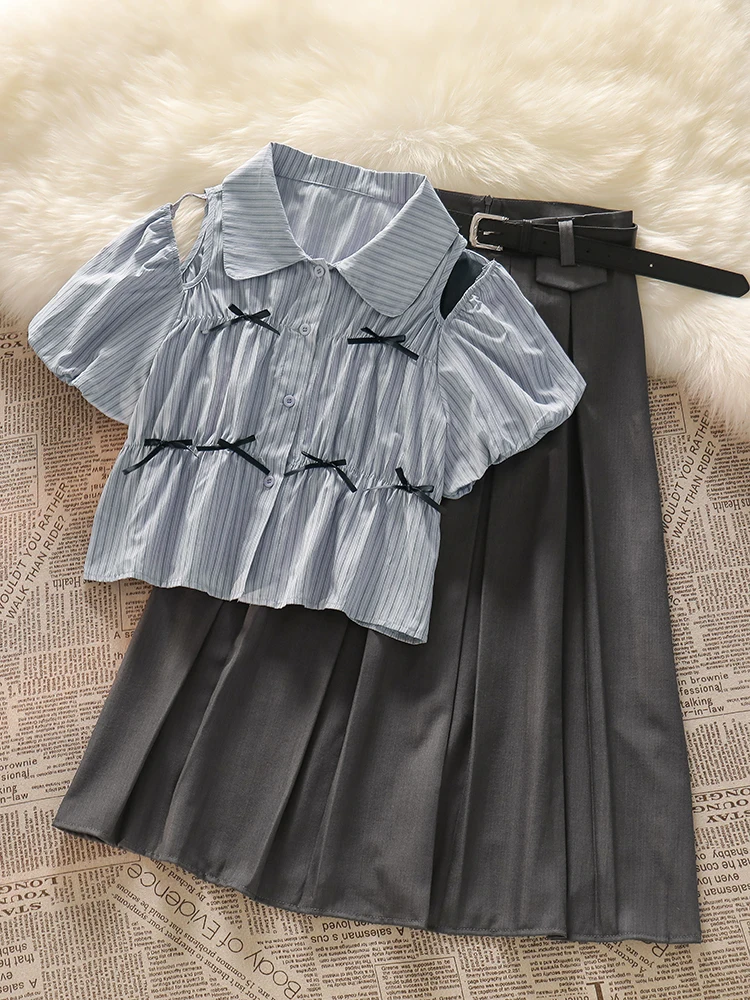 Cute Woman Clothes Skirt Suit French 2024 Sweet Summer Dopamine Wear Striped Puff Sleeve Shirt Top Pleated Skirt Two Piece Suits