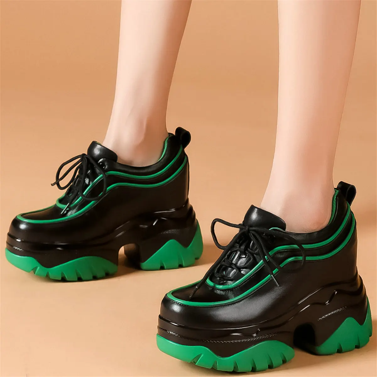 

Туфли-лодочки женские на шнуровке, натуральная кожа, высокий каблук, ботильоны, круглый носок, платформа, модные кроссовки, повседневная обувь