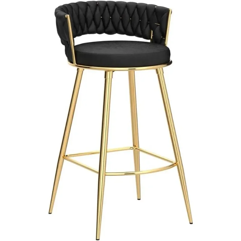 Modern Bar Stools Set of 2, Velvet Counter Stools, Bar Chairs with 29 Inches Height Comfy Seat, Handmade Woven Back Armrest