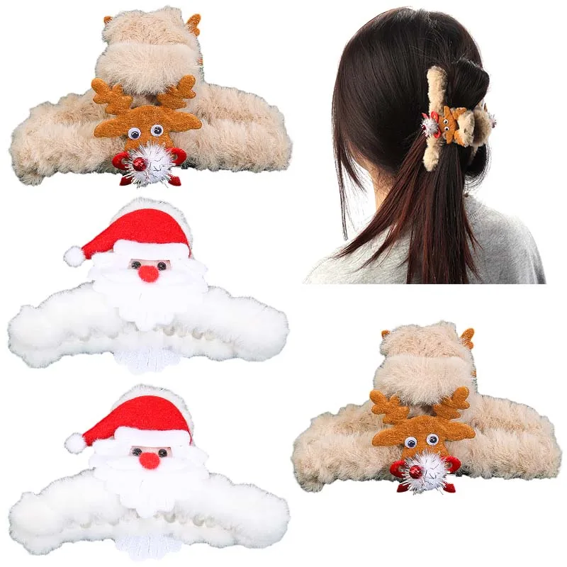 ncmama Christmas Plush Hair Claws Clip For Women Girls Cute Santa Claus Crab Clamps Hair Pin Fashion Winter Hair Accessories