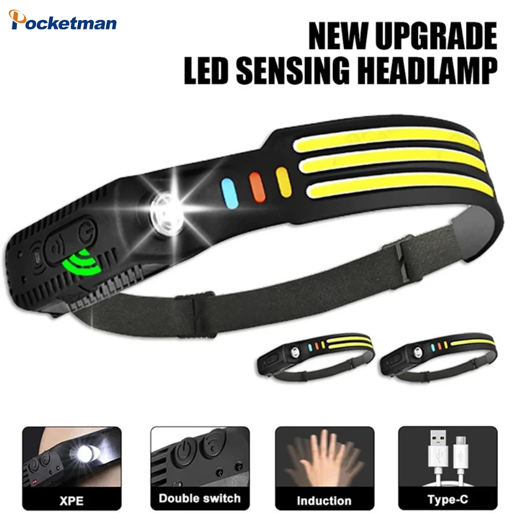 Powerful LED Sensor Headlamp Wide Beam COB Head Flashlight Night Fishing Headlight Rechargeable Built-in Battery Portable Lights