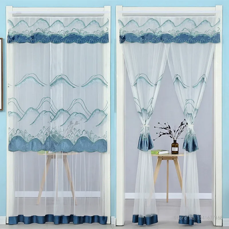 Punch-free Mosquito Screen Curtain Door Curtain, Breathable Bedroom Partition Curtain Double Layer Lace Embroidered Door Curtain