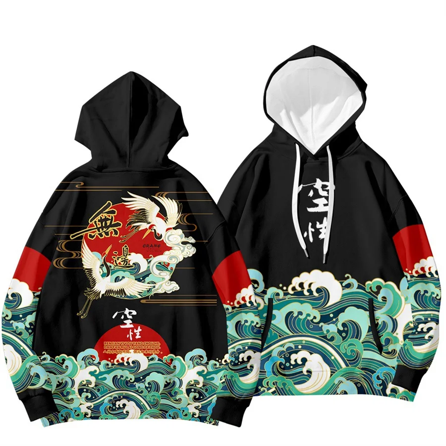 

Kanagawa Wave Crane Hoodies Chinese Style Men 3D Printing Hoodie Sweatshirts Harajuku Oversized Pullovers Sweatshirts