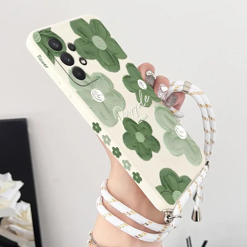 Green Floral Crossbody Lanyard Silicone Phone Case Cover