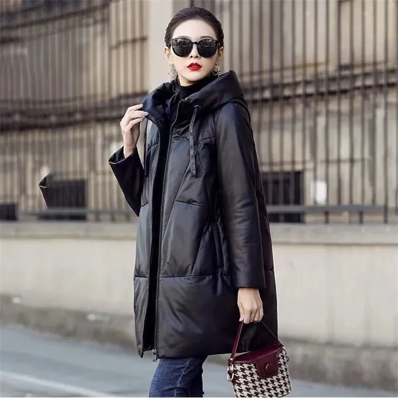 

Women Winter PU Leather Jacket 2022 Female Mid-length PU Leather Parkas Female Korean Cocoon Thickening Loose Hooded Warmth Over