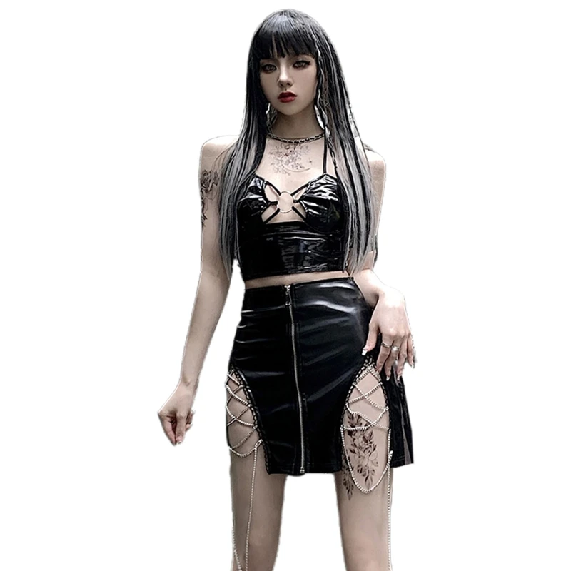 

Goth Dark Pu Black Hollow Out Gothic Halter Tops Punk Faux Leather Camis