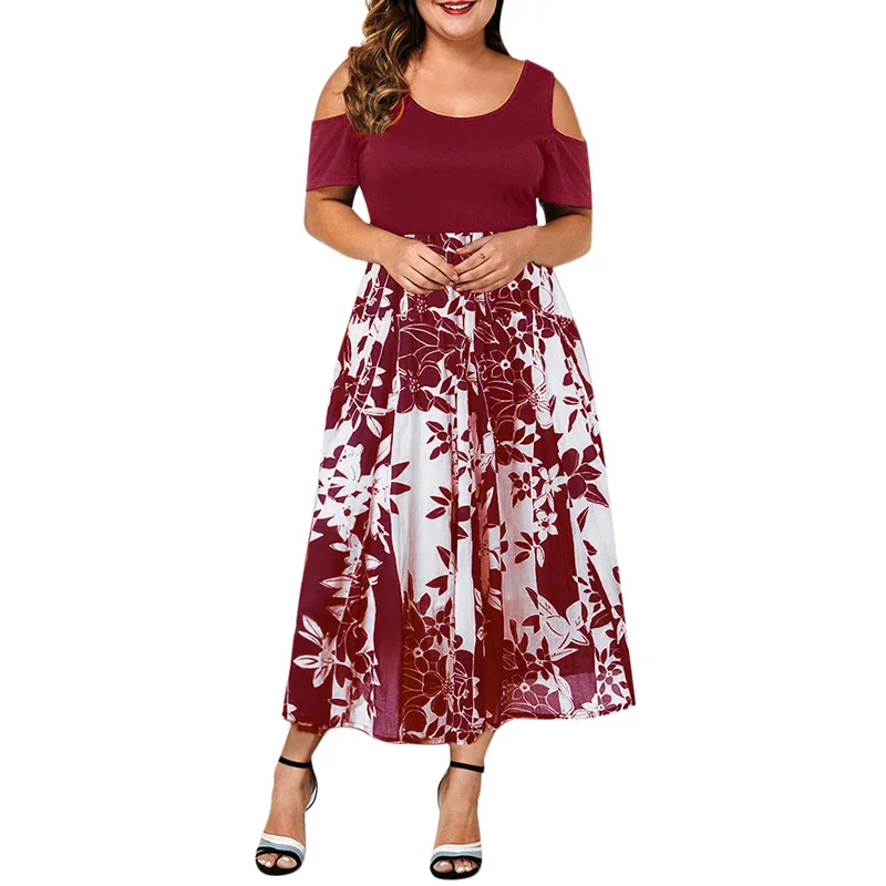 Elegant O-Neck Solid Off Shoulder Hollow Out Short Sleeve Women Casual Printing Patchwork Elastic Waist Plus Size Midi Dress
