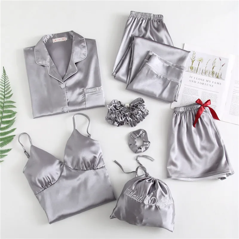 Autumn Spring 7 Pieces Set Silk Elegant Women Pajamas stripe Shorts Long Sleeve Tops Elastic Waist Pants Full Lounge Sleepwear