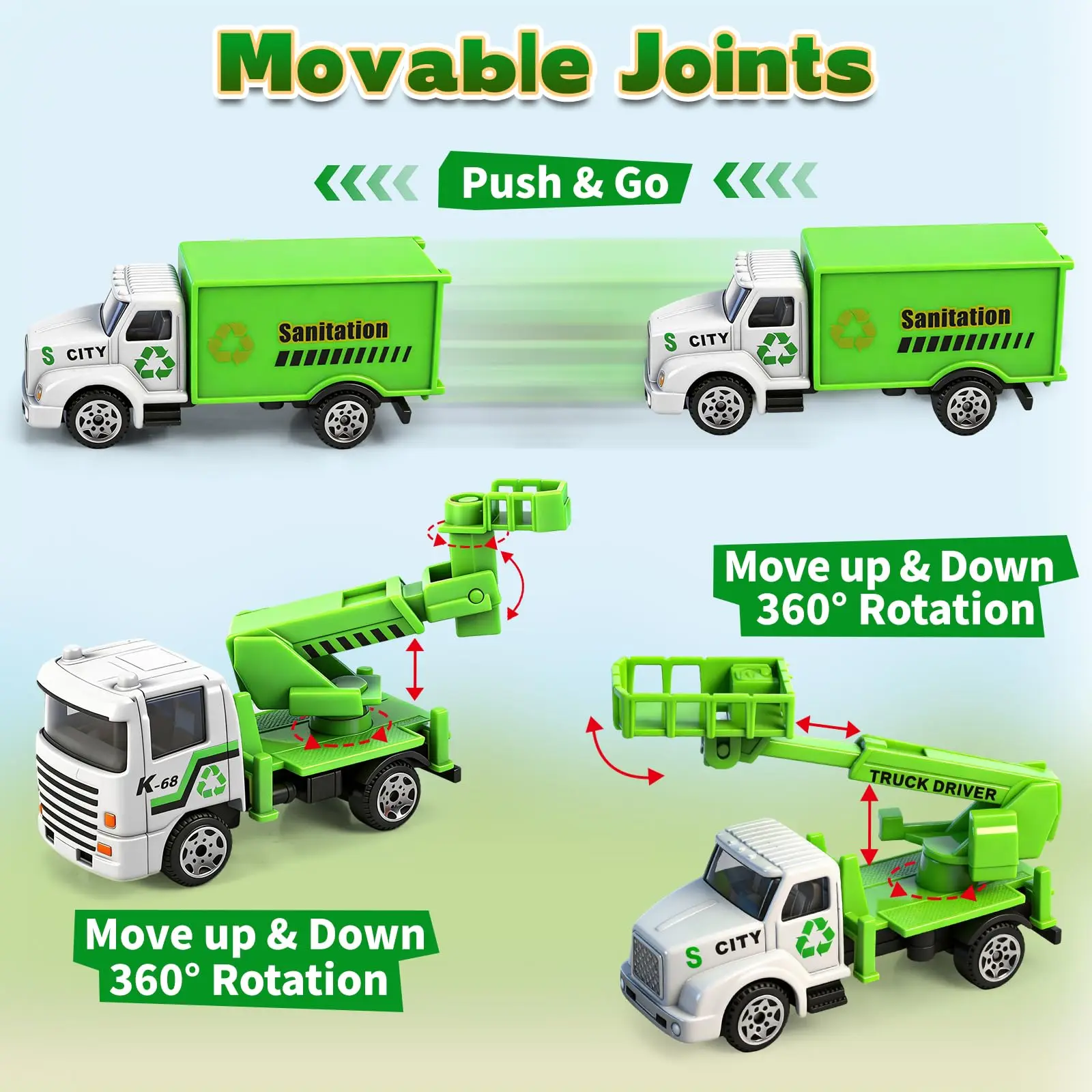 6팩 다이캐스트 자동차 장난감 부활절 바구니 선물, 미니 합금 쓰레기차 장난감, 어린이용 쓰레기차 놀이 자동차 세트