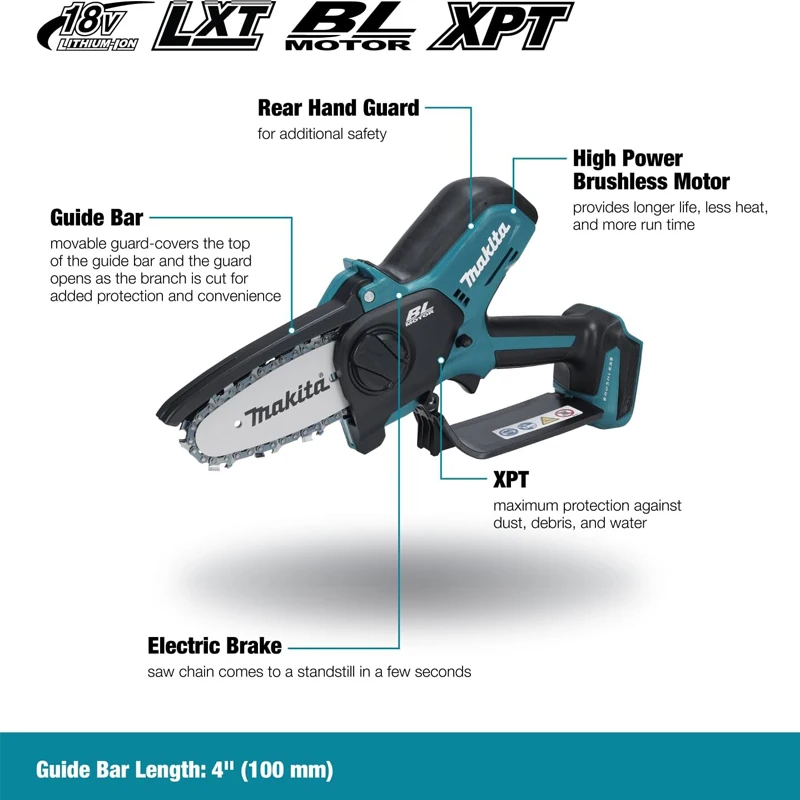 Makita DUC101Z 18V 리튬 이온 LXT 브러시리스 전정톱, 야외 목재 트림 슬라이싱, 조정 가능한 고성능 전동 공구, 100mm